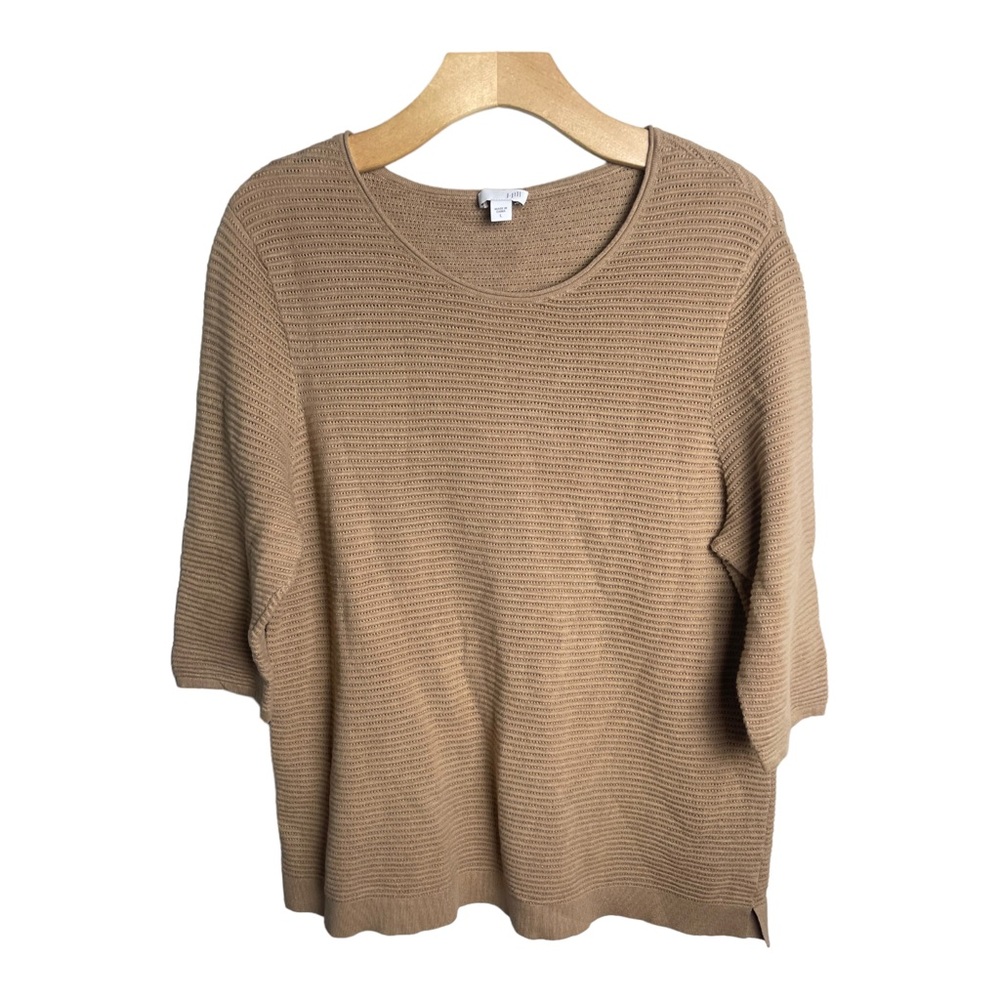 J. Jill Women's Tan Side Slit Knit 3/4 Sleeve Sweater Top Size Large